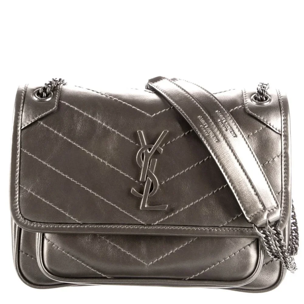 SAINT LAURENT Baby Niki Quilted Metallic Silver Leather Shoulder Bag
